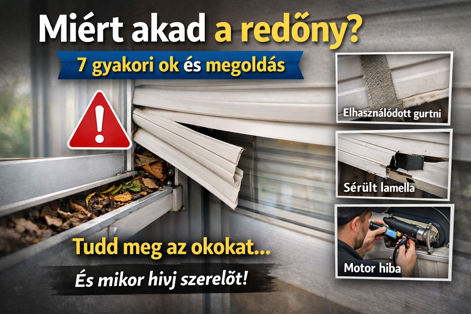 Megszorult redőny egy ablaknál, sérült lamellával és szennyezett sínnel